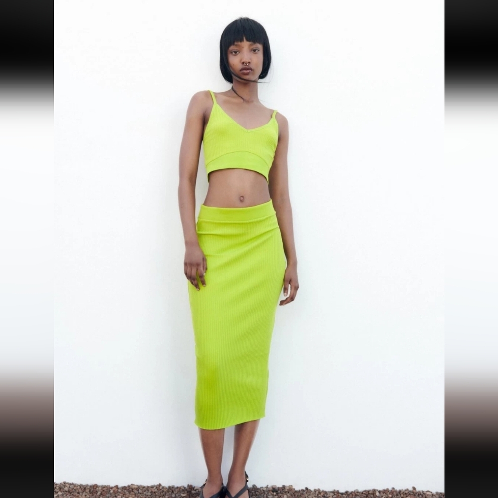 NWT Zara Green Ribbed Knit Midi Pencil Skirt S & Crop Top M Matching Set